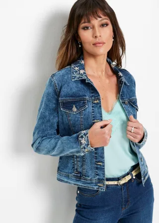bonprix Jeansjacke mit Stickerei, blau, Gr.52, moderne verspielte Jeansjacke mit Blumenstickerei von Premium, 76% Baumwolle