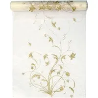 partydeco Tischläufer, Tischläufer Organza 9m x 36cm Blumenmuster, creme / gold