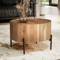 FINEBUY Couchtisch FB105390 Akazie Massivholz rund 60 cm Wohnzimmertisch in Trommelform (Kleiner Wohnzimmertisch, Sofatisch Metallgestell), Akazie Massivholz 60x60x41 cm, Kaffeetisch Rund
