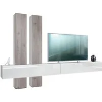 Vladon Wohnwand Moja, (Anbauwand, mit Rückwand mit 4 Türen und 2 Klappen), Weiß matt/Weiß Hochglanz und Eiche Nordic (330 x 204 x 39 cm)