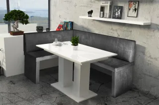 Eckbankgruppe 168x128 cm ROBIN R Vin..Schwarz/ Tisch DANTE Weiss HGL