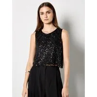 Apricot Paillettenshirt Cropped-Top mit gewelltem Saum