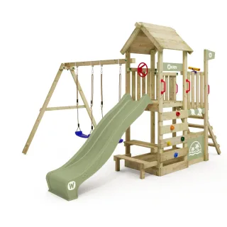 Wickey ArtFlyer Spielturm mit Schaukelanbau - Garten Spielgerät inklusive Wellenrutsche, Sandkasten, Picknicktisch & Kletterleitern - Massivholz Wickey