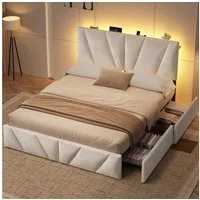 KIMENICH Polsterbett mit 4 Schubladen, Steckdose & LED-Lichtband, Doppelbett, Schlafzimmer Stauraumbett, Beige Samt