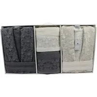 alesvelt Unisex-Bademantel Wellness Set 6 teilig aus Baumwolle, 2x Bademantel, 2x Badetuch, 2x Handtuch, Gürtel, Baumwolle