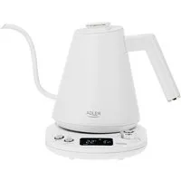 ADLER EUROPE Wasserkocher AD 1349 Schwanenhals Wasserkocher mit Temperatursteuerung 40-100°C, 1 l, 1100 W, Warmhaltefunktion, Edelstahlgehäuse, 360° Basis weiß silber