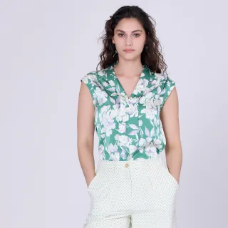 Ärmellose Bluse mit breitem, flachem Kragen und Makroblumendruck