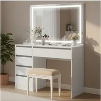 Bellamio Schminktisch Nore mit Spiegel, mit und ohne LED-Beleuchtung (Weiß, 5 Schubladen, 110x70x53 cm), Kosmetiktisch mit 3 Farbstufen & Touch-Sensor