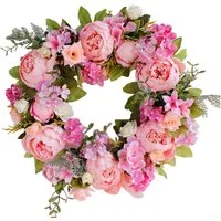 TUWENA Dekokranz Künstlicher Türkranz Dekoration, Pfingstrose Blume Haustürkranz, für Frühling und Sommer All Seasons Blumenkranz Runde Reisig
