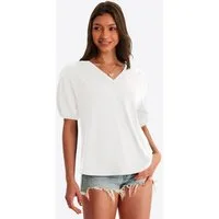Imily Bela T-Shirt Damen Puffbluse mit V-Ausschnitt (Packung, 1-tlg., 1per-Pack) Bogensaum