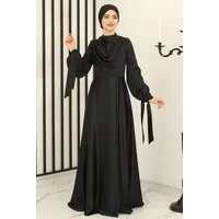 fashionshowcase Abendkleid Damen Maxikleid Satinkleid langarm Modest Fashion