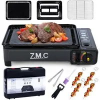 ZMC Gaskocher 2in1 Tragbarer Gaskocher + Gasgrill Campingkocher inkl. Gaskartuschen, (mit Grillplatte + Grillrost, Wärmeleistung: 2,2KW, für Outdoor und indoor, indoor), inkl. Grillzubehör + und Aufbewahrungskoffer, Piezo-Zündung, 3,8kg