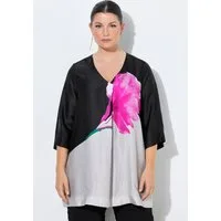 Ulla Popken Tunika Satinbluse Blüten A-Linie V-Ausschnitt 3/4-Arm