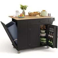 Blishom Küchenwagen Fahrbare Kücheninsel mit Mülleimerfach, 113x51x91 cm, Mobile Küchenwagen mit klappbarer Arbeitsplatte und Schubladen
