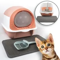 LINUMA Katzentoilette Katzenklo mit Deckel, Streumatte und Schaufel abnehmbar auch offen, Katzenklo auch offen nutzbar inkl. Katzenstreumatte und Schaufel