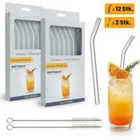 PerloPur Trinkhalme 12 Glasstrohhalme gebogen Trinkhalme aus Glas mit 2 Reinigungsbürsten, (Strohhalme aus Glas mit Reinigungsbürste), Strohhalme aus Glas