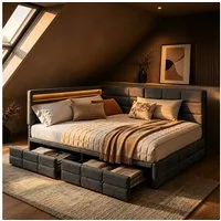 Simurq Polsterbett Tagesbett L-Form 140x200 mit LED, Ladefunktion & 2 Schubladen (Bettgestell mit Lattenrost und 2 Schubladen, Bettgestell mit Kopfteil, Lattenrost, 2 Schubladen, ohne Matratze), L-Form, links/rechts montierbar, 140x190/140x200 cm