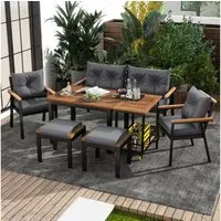 Merax Gartenlounge-Set Akazienholz Esstisch-Set für 6-7 Personen, (abnehmbare und waschbare Kissenbezüge, 7-tlg., Ideal für Terrasse, Garten, Balkon), 6-Sitzer Gartenmöbel mit 2 Stühlen, 2 Hockern, Sofa und Servierwagen