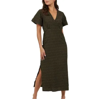 Brave Soul - Midikleid für Damen, Hinten geknotet, kurzärmlig (Khaki/Schwarz)
