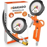 Gakago Reifenfüllmessgerät - Präziser Reifendruckfüller mit hochwertigem, max. 12 bar, Druckluft Manometer, - Extra langer 45cm Reifenfüllschlauch, - Vielseitiger Reifendruckprüfer für Auto, LKW, Fahrrad uvm.