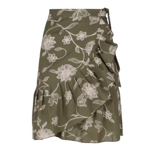 Olive Bestickter Floraler Wickelrock mit Rüschen