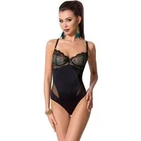 Passion Dessous Stringbody Damen Dessous Body in schwarz grün mit Spitze und Bügel Cups blickdich