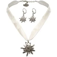 Alpenflüstern Ketten-Set Trachtenschmuck-Set Organza-Trachtenkette und Ohrhänger Strass-Edelweiß (weiß), - Damen-Trachten-Schmuck, Trachtenset Dirndl-Kette und Trachten-Ohrringe