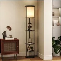 HOMCOM Stehlampe Standleuchte Stehleuchte mit 3 runden Regalen, Lampenschirm aus Stoff, Dimmfunktion, LED wechselbar, für Wohnzimmer Schlafzimmer, Schwarz