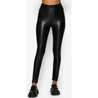 SASSYCLASSY Lederimitathose Lederleggings mit breitem Bund für Damen High-Rise Leggings aus weichem Stretch Kunstleder Schwarz