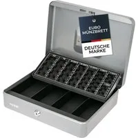 HMF Geldkassette Abschließbare Bargeldkasse mit Münzzählbrett und 4 Banknotenfächern, robuste Geldbox mit Schlüssel, 30,5 x 24 x 8,5 cm, silber