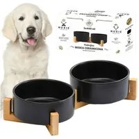 NUXIE PREMIUM Napf-Set Doppelkeramik-Haustiernapf auf Bambusständer 2x400ml Futterstation, Keramik, 2-in-1 Futterstation Keramikschalen hochwertig verarbeitet Stabil
