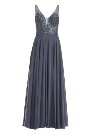 hey kyla - Langes Chiffon-Abendkleid mit Stickerei indigo grey - Gr. - 32