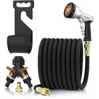 Brandson Gartenschlauch 15 m flexibler Wasserschlauch mit 9 Funktionsdüsen, Flexischlauch, dehnbar von 5 auf 15 m, zieht sich platzsparend wieder zusammen, (Set, 5 St., inkl. Gartenbrause, 2-Weg-Verteiler), multifunktional, 3/4-Zoll- und 1/2-Zoll-Ans