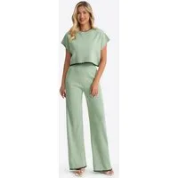 Imily Bela Hausanzug Damen 2-teiliges Strick-Set mit Kontrastbesatz (Set, 2 tlg., Rippstrick-Oberteil + Palazzo-Hose) mit KontrastpaspelDetails