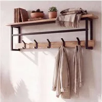FINEBUY Wandgarderobe Hängegarderobe 100cm Garderobe Flurgarderobe Massivholz Metall (Garderobenpaneel mit fünf Haken für deinen Flur), Garderobenleiste mit Ablage und Kleiderstange