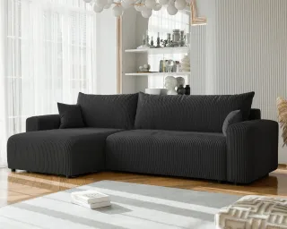 Ecksofa mit Schlaffunktion LUNA MAX in Stoff Poso Schwarz Ottomane Links