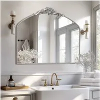 G-LEAF Spiegel Bogen-Wandspiegel, antiker Spiegel im Barockstil, mit Perlenverzierung (1-St), für Eingangsbereich, Badezimmer oder Schlafzimmer, Vintage-Silber