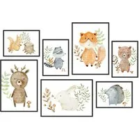 Hyggelig Home Poster Waldtiere, Premium Poster Set OHNE & MIT Rahmen, Wandbild Kinderzimmer, Tiere (Set, 7 St), Collage Zeichnung, Qualitätsdruck dickes Papier