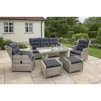 Green Spirit Loungeset Bilbao Polyrattan Sitzgruppe 7 Personen, Dininglounge Set Sitzgruppe, (Set, 6-tlg., 1 Sofa, 2 Sessel, 2 Hocker, 1 Tisch, inkl. Auflagen), Polyrattan, grau, 7 Personen, wetterfest, Garten, Terrasse, Outdoor