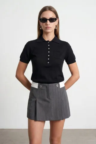 Slim Fit Polo-Kragen Strickbluse