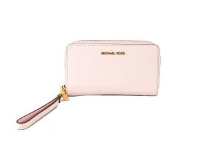 Michael Kors Jet Set Große Signatur Leder Flach Multifunktionale Telefon Handgelenktasche Geldbörse (Puderrosa/Edelstahl)
