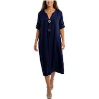 dy_mode Hemdblusenkleid Damen Leinenkleid Midi Hemdblusenkleid mit V-Ausschnitt Freizeitkleid in Unifarbe, V-Ausschnitt, mit seitlichen Eingriffstaschen
