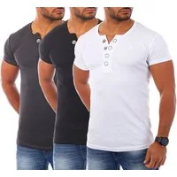 Young & Rich T-Shirt Herren basic fein gerippt mit trendigen extra großen Knöpfen 1872 mit Knopfleiste unifarben kurzarm slim fit