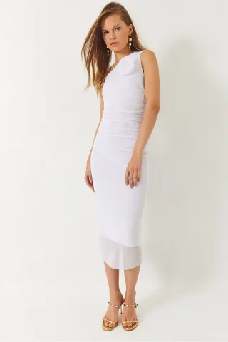 Asymmetrisches Kragen-Midi-Kleid mit Schleife