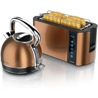 Arendo Frühstücks-Set Edelstahl Wasserkocher 1,7l, 4-Scheiben Langschlitz Toaster, kupfer (2-tlg), Wasserkocher Temperatureinstellung, Toaster Brötchenaufsatz, Touch