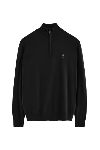 Pullover schwarz aus Wollgemisch mit halbem Reißverschluss und gesticktem Rigby Go-Logo