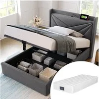 TavilaEcon Boxspringbett mit Bettkasten und USB Typ C, Größe wählbar von 140 bis 180 ×200 cm, 90x200cm, aus Leinenmaterial, Grau, mit Matratze