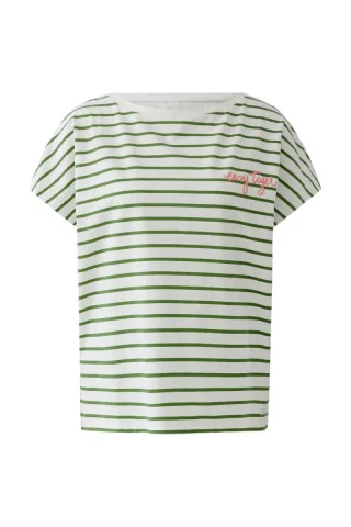 Miss Lagotte - Gestreiftes T-Shirt mit U-Boot-Ausschnitt und Schriftzug grün/weiß - Gr. - 40