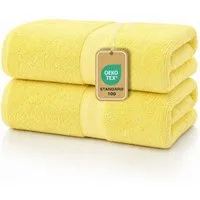 leevitex® Duschtücher 2er-Set, 70x140 cm, 100% Baumwolle, saugstark und fusselfrei, Frottee (Set, 2-St), OEKO-TEX® STANDARD 100 zertifiziert, gestreifte Bordüre