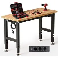 TLGREEN Werkbank 122x51cm Höhenverstellbar (80-100cm), (mit Stromanschluss (3 Steckdosen + 2 USB) & Werkzeugboard), für Werkstatt, Garage & Heimwerken, Werkbank aus Massivholz Gummibaum